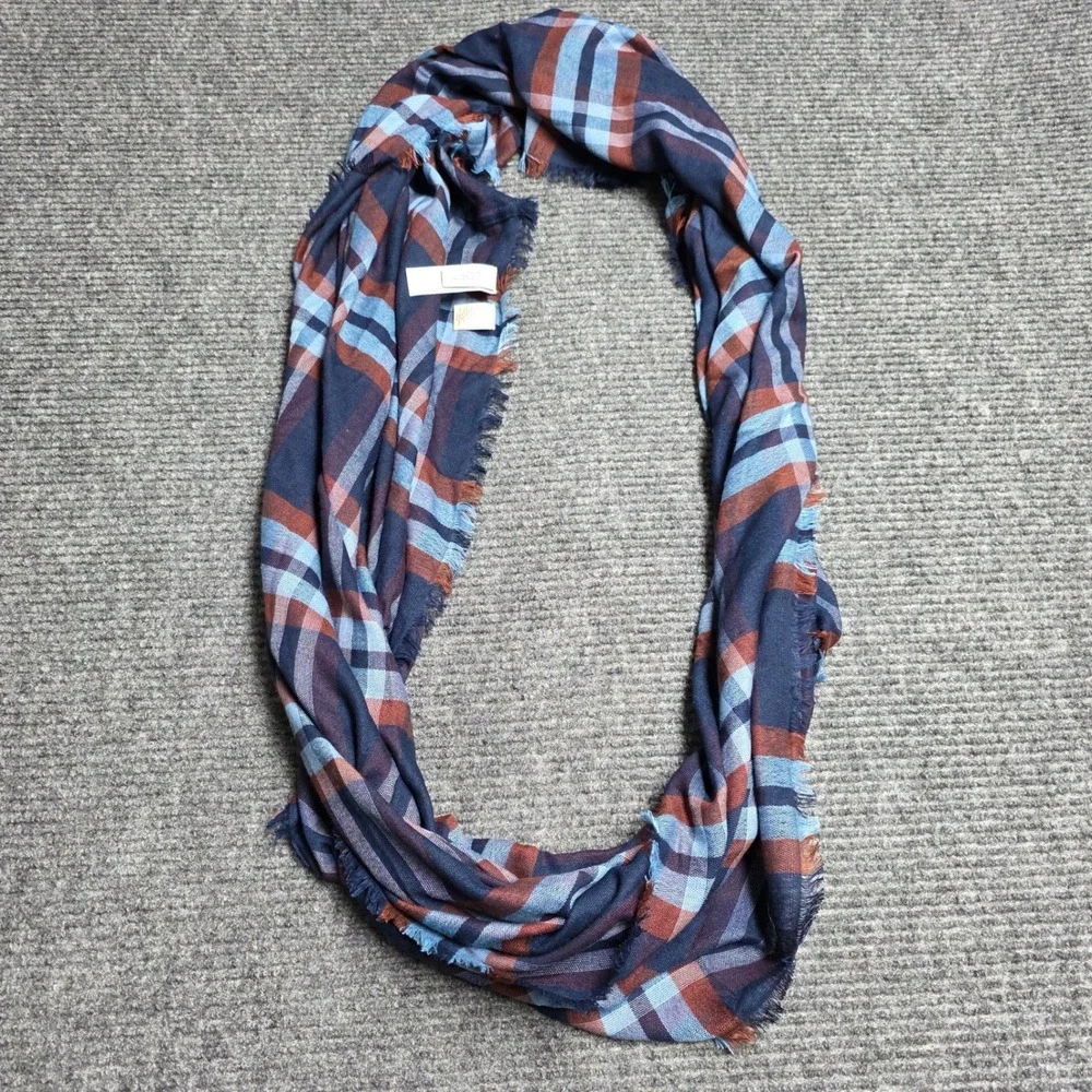 Loft Plaid Infinity Scarf Women's One Size Navy Blue Rust Orange‎ Eyelash Fringe